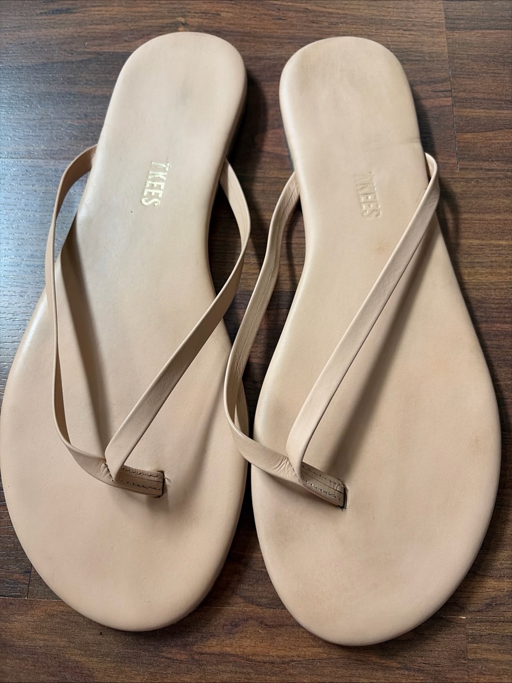 TKEES Beige Minimal Leather Flip Flop Sandals